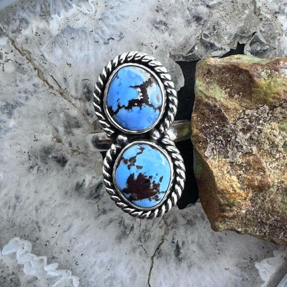 Sterling Silver Southwestern Style 2 Golden Hill Turquoise Ring Sz 9 For Women - Picture 5 of 10